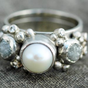 Recycled Gold Rough Diamond, Diamond Melee and Pearl Engagement Band- Custom Made Custom Colour Handmade