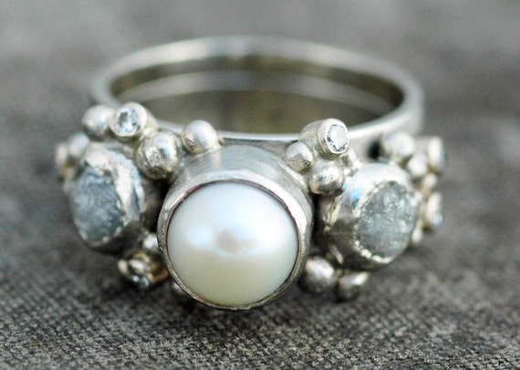 Recycled Gold Rough Diamond, Diamond Melee and Pearl Engagement Band- Custom Made Custom Colour