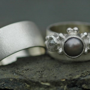 Three Rings Rough Raw Uncut Diamond and Pearl Engagement Ring and His and Hers Wedding Band Set Handmade image 3