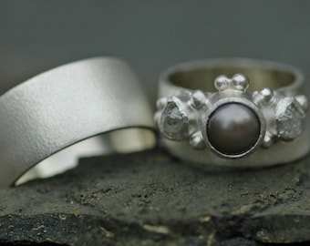 Three Ring Bridal Set- Raw Rough Diamond and Pearl Engagement Ring  and His-and-hers Wedding Band Set