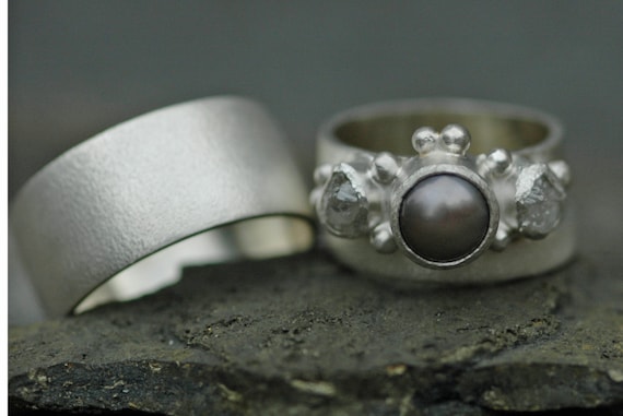 Three Ring Bridal Set- Raw Rough Diamond and Pearl Engagement Ring  and His-and-hers Wedding Band Set Handmade