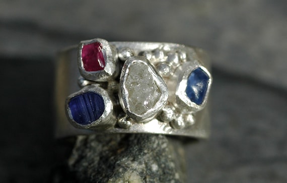 Mothers Ring- Rough Raw Gemstones on Sterling Silver Ring- Made to Order Handmade