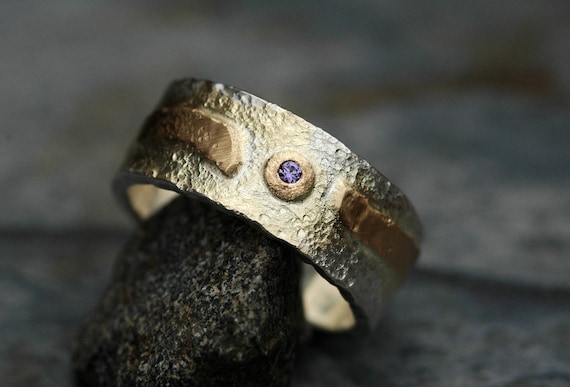 Sterling Silver and Yellow Gold Ring Band with Purple Montana Yogo Gulch Sapphire-  Made To Order Handmade