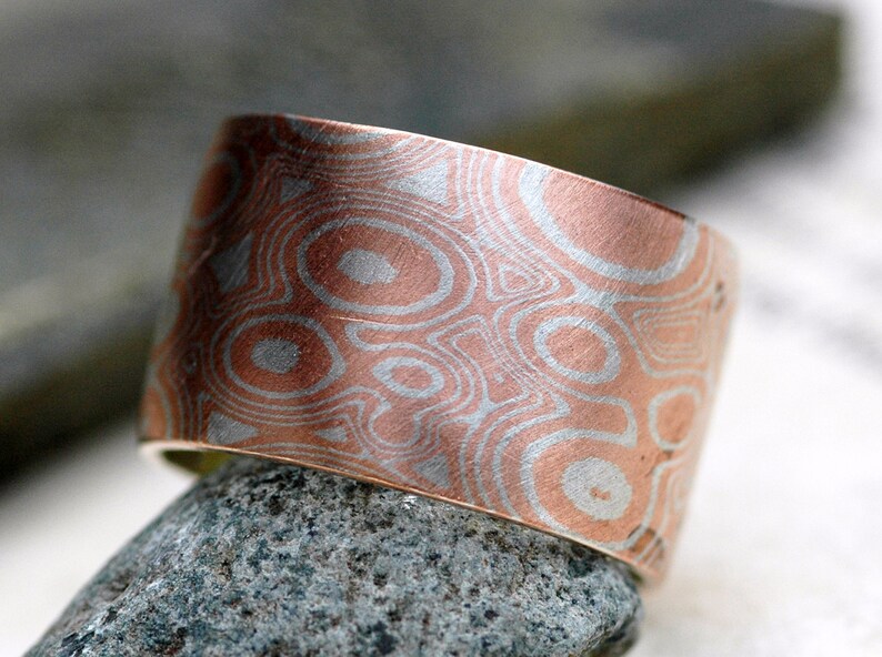 Mokume Gane Wide Band Ring in Argentium Silver and Copper Made to Order Wedding Ring image 3