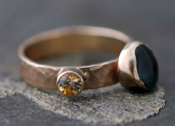 Custom 14k Gold Stacking Birthstone Ring- Rough and Cut Gemstones