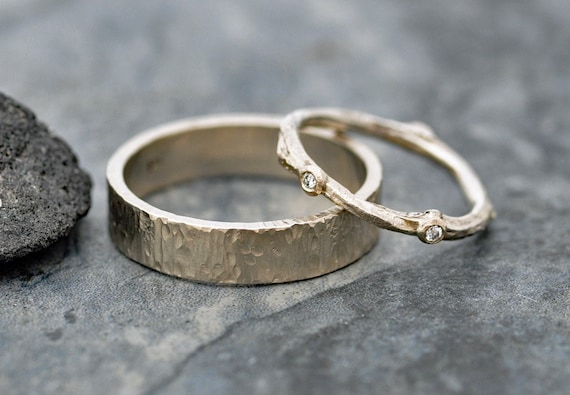 Recycled 14k Yellow Rose White Gold Wedding Band Set-  Birch Bark and Twig with Cut Diamonds- Made to Order  Two Wedding Bands