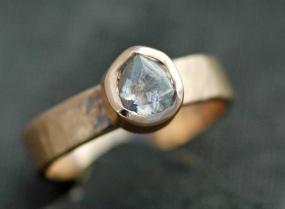 Engagement Ring- Transparent Raw Diamond on Wide Recycled Gold Band- Custom Made Engagement Ring