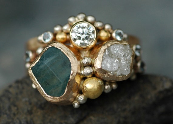 Multistone Raw Aquamarine, Rough and Cut Diamond Recycled Gold Stacking Ring Set- Two Custom Made Rings