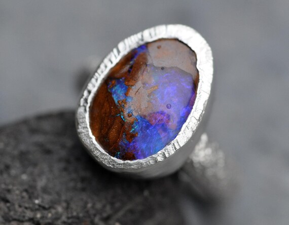 Australian Wood Replacement Boulder Opal in Recycled Sterling Silver Ring Size 7 Ready to Ship Handmade