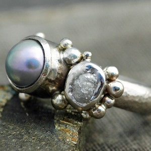 14k or 18k Recycled Gold Ring with Rough Diamonds and Saltwater Pearl Custom Made Handmade image 5