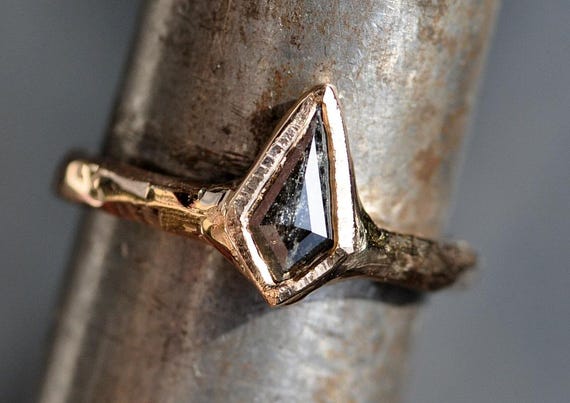 Salt and Pepper Kite Geometric Cut Diamond in Recycled 14k Gold Ring- Ready to Ship Size 8