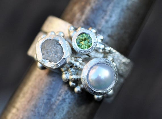 Multistone Freshwater Pearl, Rough Raw Diamond, and Peridot Sterling Silver Ring Stack- Custom Made Engagement and Wedding Band Set Handmade