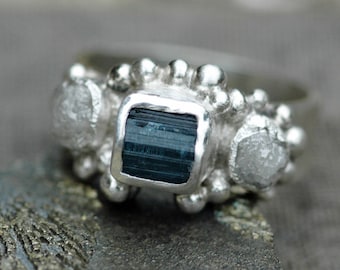 Raw Tourmaline Crystal and Rough Diamond Sterling Silver Ring- Custom Made Ring Handmade
