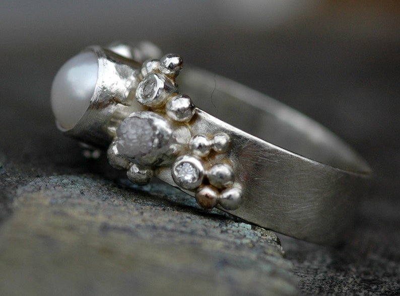 Rough Diamond, Diamond Melee and Pearl Engagement Band Custom Made Custom Colour image 3