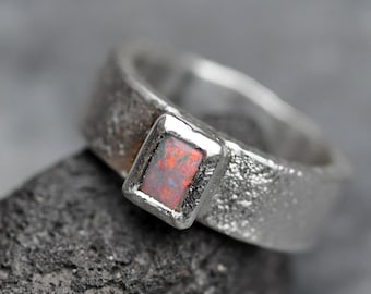 Australian Semi Black Opal on Reticulated Recycled Sterling Silver Ring Size 6.5 Ready to Ship Handmade