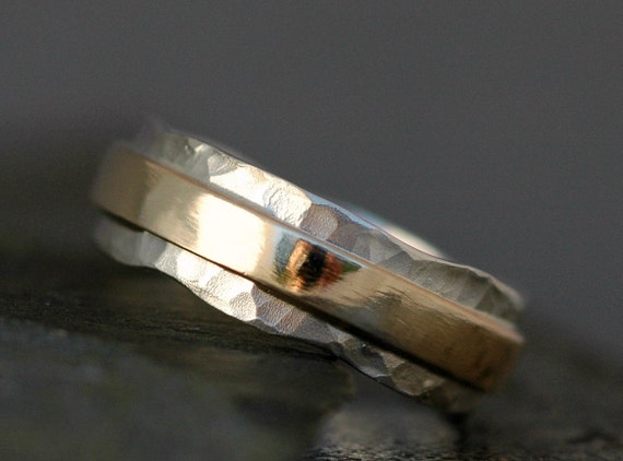 Hammered Sterling Silver and Yellow Gold Wave Ring- Mixed Metal Custom Made