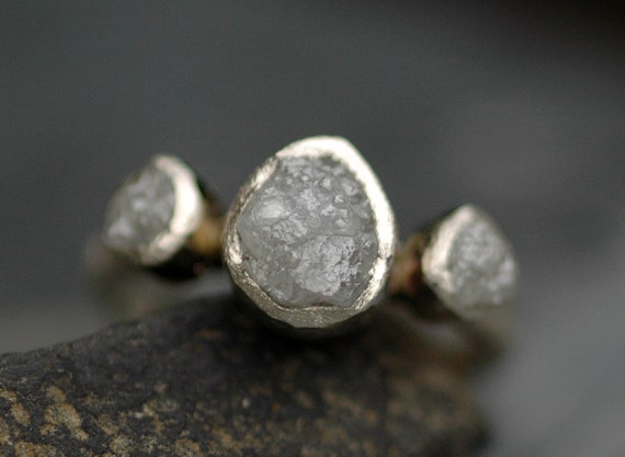 Conflict Free Rough Diamond Trio- Three Raw Diamonds on Recycled Gold Engagement Ring Custom Made Handmade