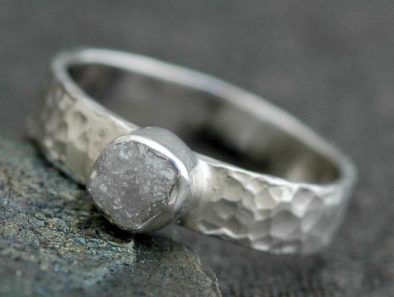Rough Diamond Ring in Hammered Sterling Silver Handmade