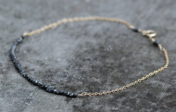 Black Raw Diamond and Solid 14k Yellow Gold Chain Beaded Bracelet Handmade Ready to Ship Made by Hand