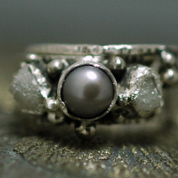 Diamond and Pearl Engagement Ring with Sterling Silver Wedding Band- Custom Made