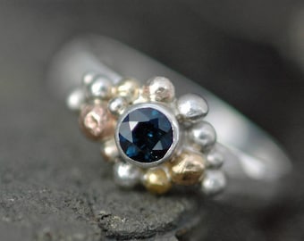 Blue Sapphire in Sterling Silver, Rose Gold, and Yellow Gold Ring- Custom Made Handmade