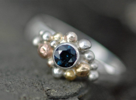 Blue Sapphire in Sterling Silver, Rose Gold, and Yellow Gold Ring- Custom Made Handmade