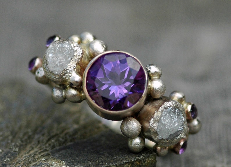 Amethyst Gemstone and Rough Diamond Ring in Recycled 14k or 18k White ...