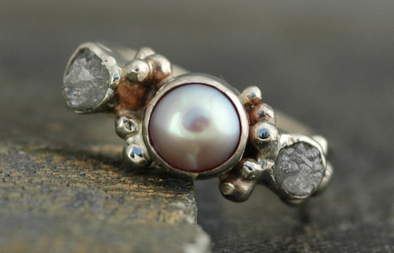 14k White Gold Ring with Rough Diamonds and Pearl- Custom Made Handmade