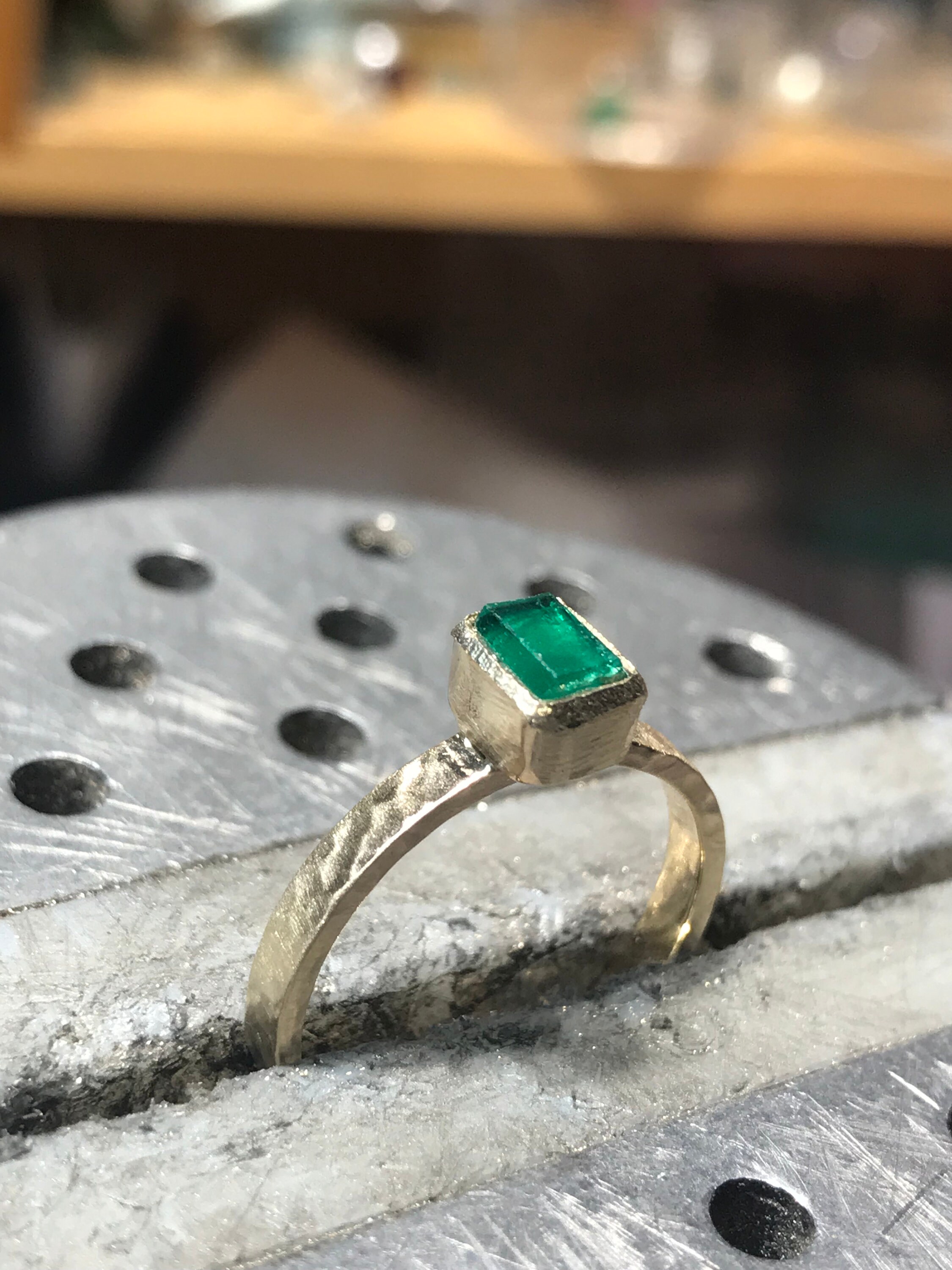 Rough Raw Uncut Emerald on 14k Yellow Gold Ring Hammered Band Made to