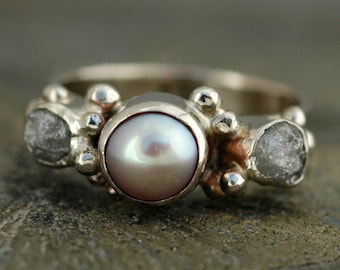 10k White Gold Ring with Rough Diamonds and Pearl- Custom Made Two Ring His and Hers Set Handmade