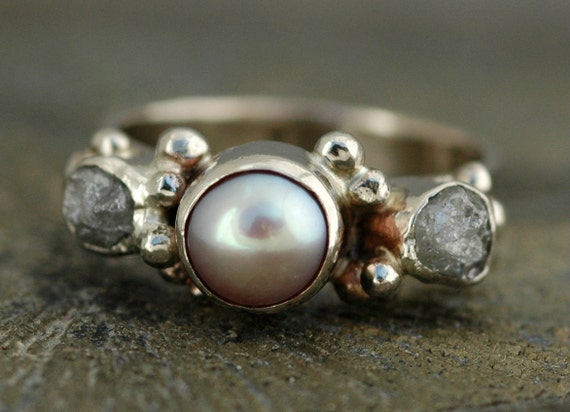 10k White Gold Ring with Rough Diamonds and Pearl- Custom Made Two Ring His and Hers Set