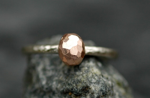 Alternative Diamond  Ring- Hammered Gold Ring with Rose Gold Diamond- made to order Handmade