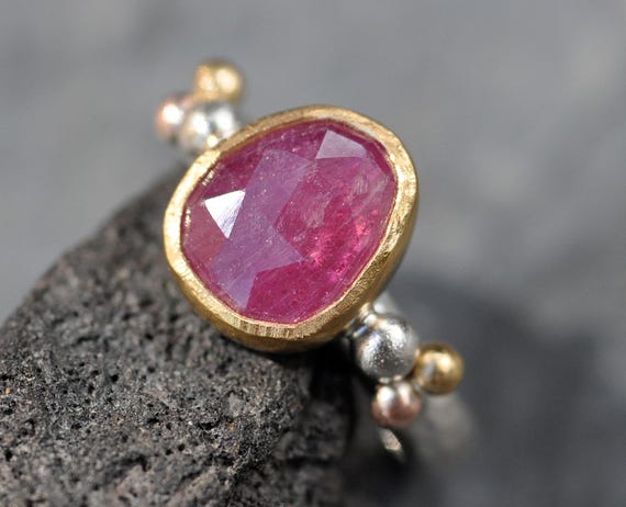 Rose Cut Sapphire in Sterling Silver, Rose Gold, and 22k Yellow Gold Mixed-Metal Ring- Choose Your Sapphire Handmade