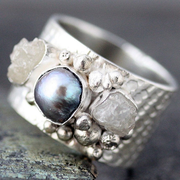 Raw Diamonds and Steel Grey Pearl in Textured Sterling Silver Ring- Custom Made