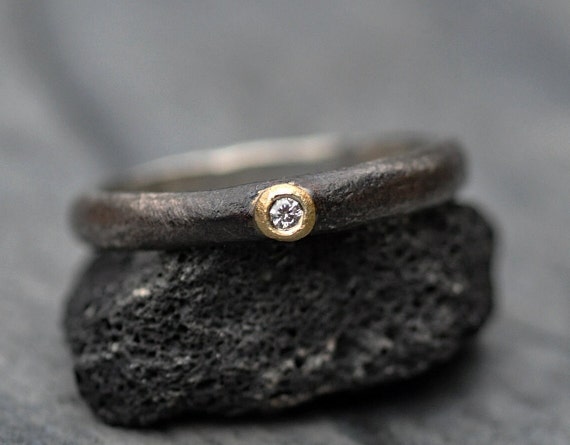 White Diamond on 18k Yellow Gold and Oxidized Reticulated Sterling Silver Band Size 7.5 Ready to Ship Handmade