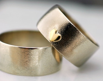 14k Gold Wedding Band Set with Yellow Gold Heart- Custom Made