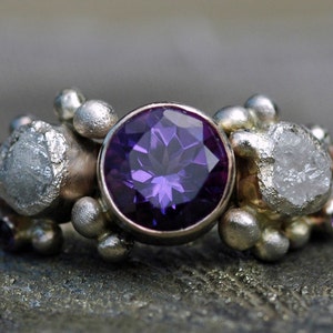 Amethyst Gemstone and Rough Diamond Ring in Recycled 14k or 18k White, Yellow, or Rose Gold- Custom Made Handmade