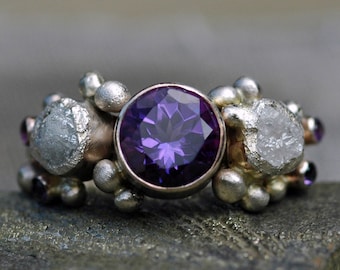 Amethyst Gemstone and Rough Diamond Ring in Recycled 14k or 18k White, Yellow, or Rose Gold- Custom Made Handmade