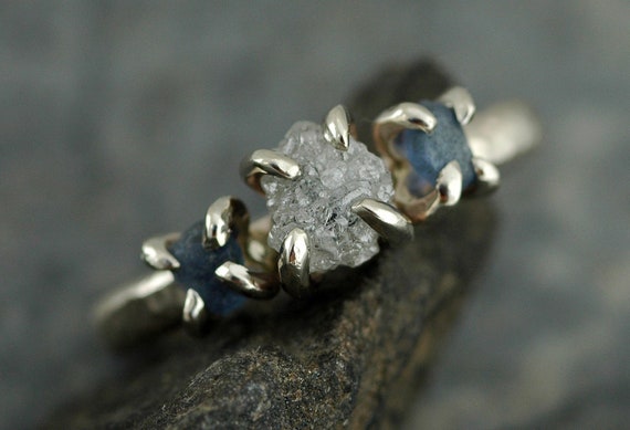 Conflict Free Rough Large Diamond and Montana Yogo Gulch Sapphire Engagement Ring in 14k White Gold- Reserved Handmade