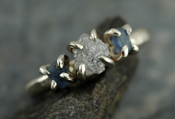 Conflict Free Rough Large Diamond and Montana Yogo Gulch Sapphire Engagement Ring in 14k White Gold- Handmade to Order