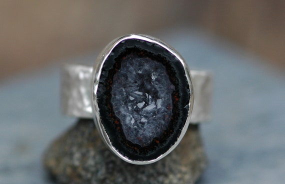 Mini Tabasco Geode Ring on Recycled Hammered Sterling Silver Band