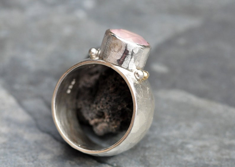 Pink Rose Quartz in Wide Band Sterling Silver Yellow Gold, Ring Ready to Ship Size 7.5 Handmade image 4