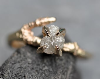 Rough Diamond and 14k or 18k Yellow White Rose Gold Branch Ring- Twig Band, Custom Made Wedding or Engagement Ring Handmade