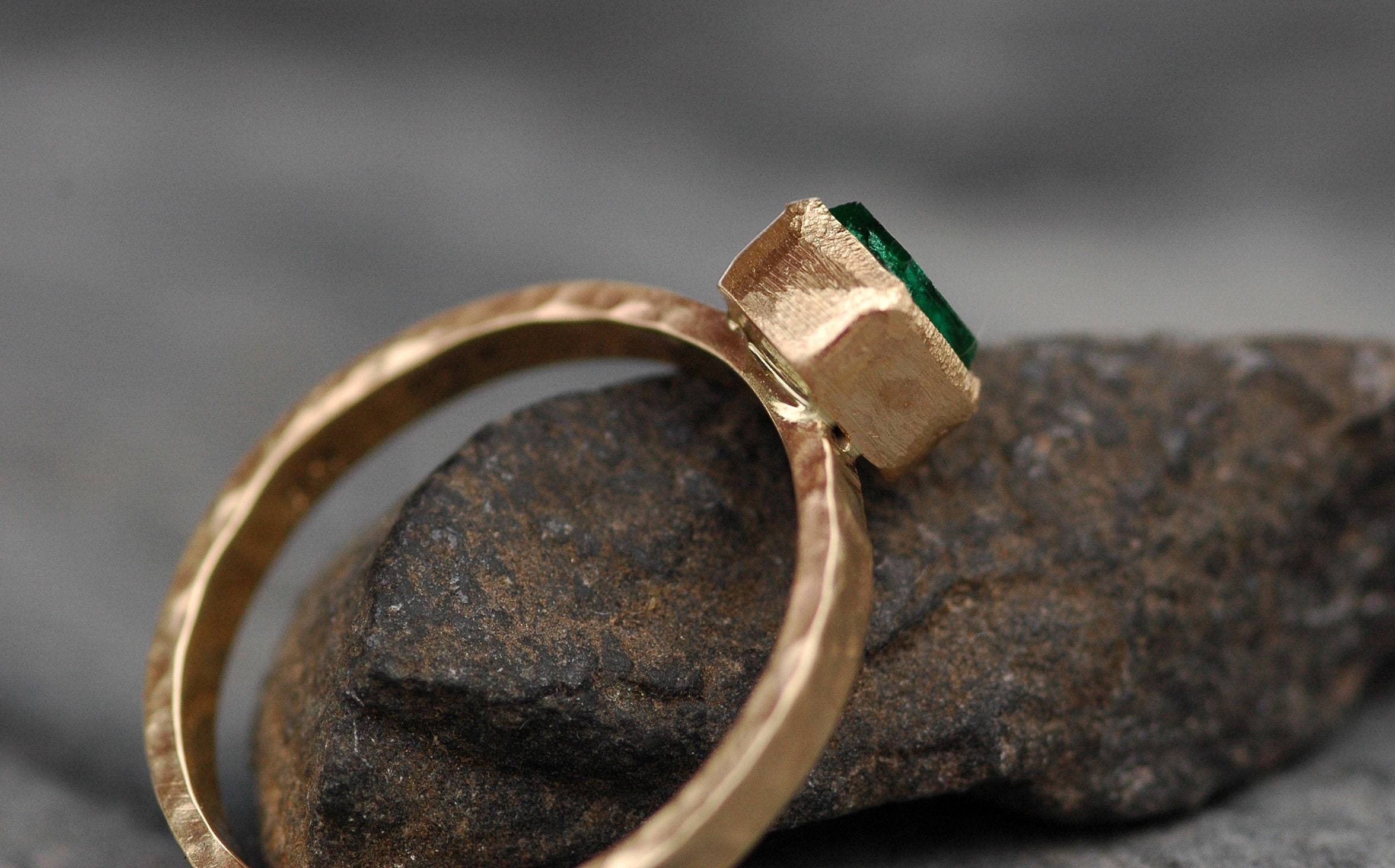 Rough Raw Uncut Emerald on 14k Yellow Gold Ring Hammered Band Made to