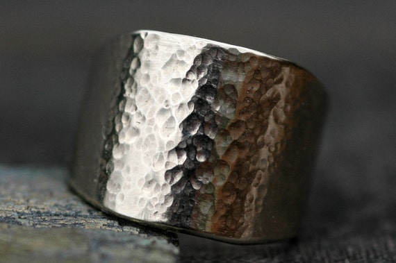 Wide Hammered Recycled 14k White Gold Band Handmade