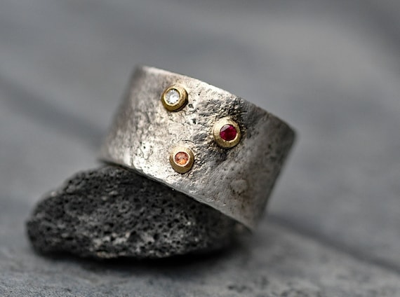 White Diamond, Orange Sapphire, and Ruby on 18k Yellow Gold and Oxidized Reticulated Sterling Silver Size 8.5 Ready to Ship Handmade