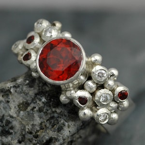Red-Orange Spessartine Garnet and Diamond Melee Ring in Sterling Silver Handmade