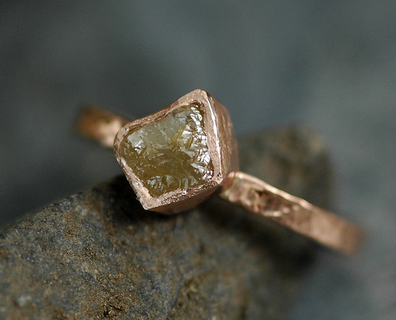 Conflict Free Raw Rough Cube Diamond on Hammered 14k Recycled Rose Gold Ring- Colored Natural  Rough Uncut Stone