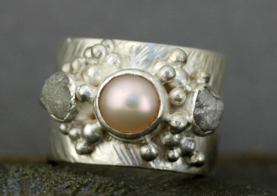 Raw Diamonds and Champagne Freshwater Pearl in Textured Sterling Silver Ring- Custom Made