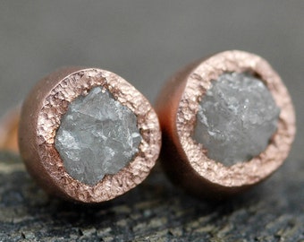 Rough Diamond and 14k Recycled Rose Gold Bezel Post Earrings